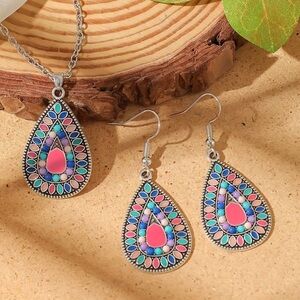 NWOT - Colorful Teardrop Pendant Necklace and Earrings Set